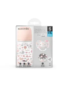 Zestaw Butelka 270ml + Smoczek 0-6m + Klips Różowy MEMORIES Suavinex